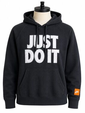 Nike Black Hoodie with White "JUST DO IT" and Orange Sleeve Patch
